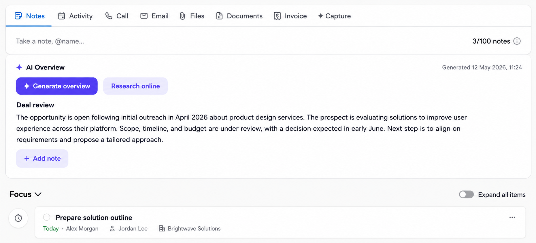 Pipecraft AI Assistant AI Overview writing a short deal recap above the Focus panel inside a Pipedrive deal