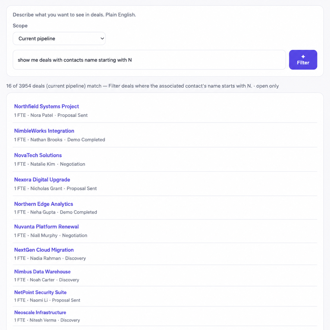 Pipecraft AI Assistant Smart Filter results from a plain-English query over Pipedrive deals