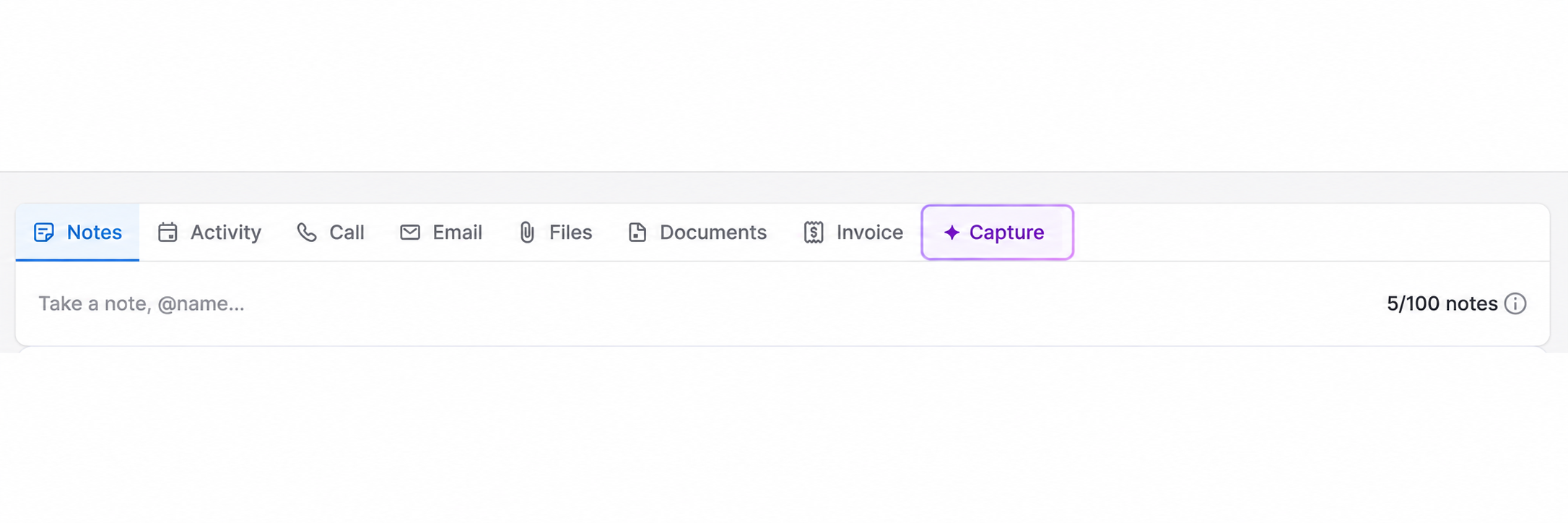 The Capture tab added by Pipecraft AI Assistant to the Pipedrive note tab strip