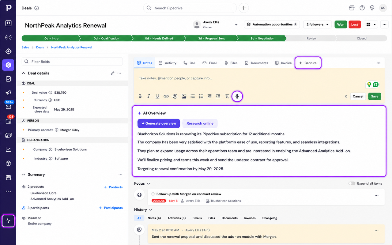 Pipecraft AI Assistant inside a Pipedrive deal — AI Overview and Research online above the Focus panel, the added Capture tab, and the voice-note microphone in the note editor